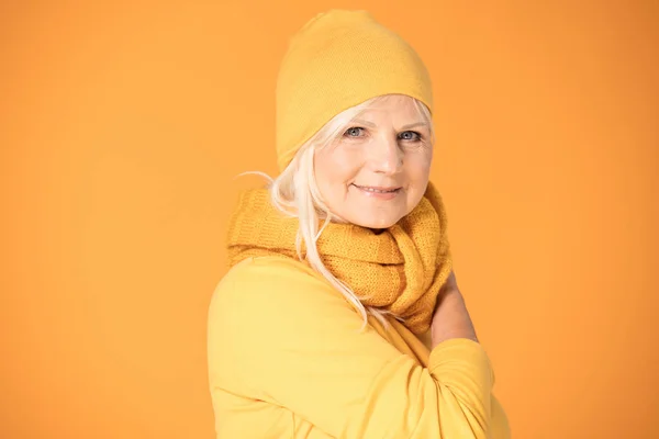 Smiling Mature Woman Yellow Cap Scarf Studio Shot — Stock Photo, Image