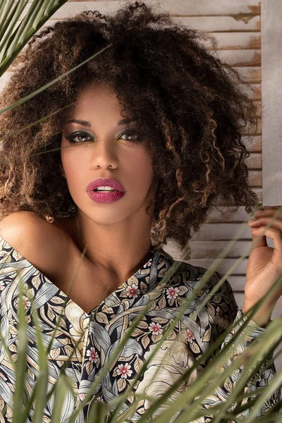 Portrait Beauté Femme Afro Américaine Avec Coiffure Afro Maquillage Glamour — Photo