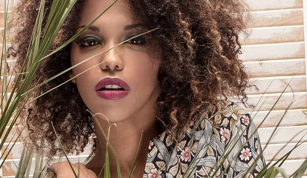 Retrato Beleza Mulher Americana Africana Com Penteado Afro Maquiagem Glamour — Fotografia de Stock