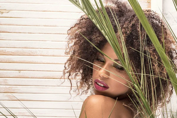 Afro saç stili ve cazibeli makyajlı Afrikalı Amerikalı bir kadının güzel portresi..