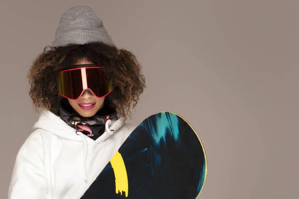 Nádherná Módní Afro Žena Snowboard Zimní Sport Hobby — Stock fotografie