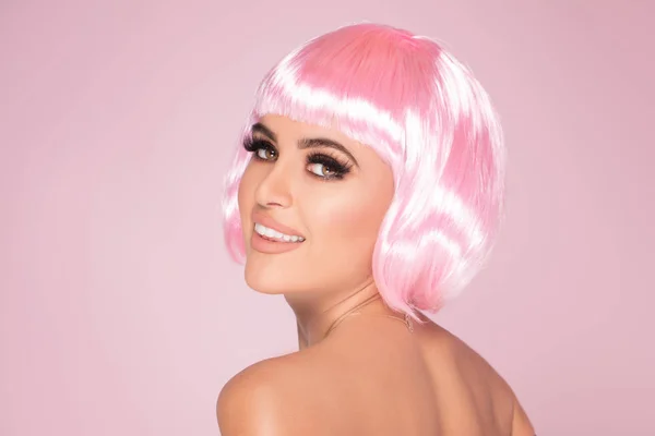 Pink bob short hairstyle. Beautiful woman smiling. Trendy haircuts.