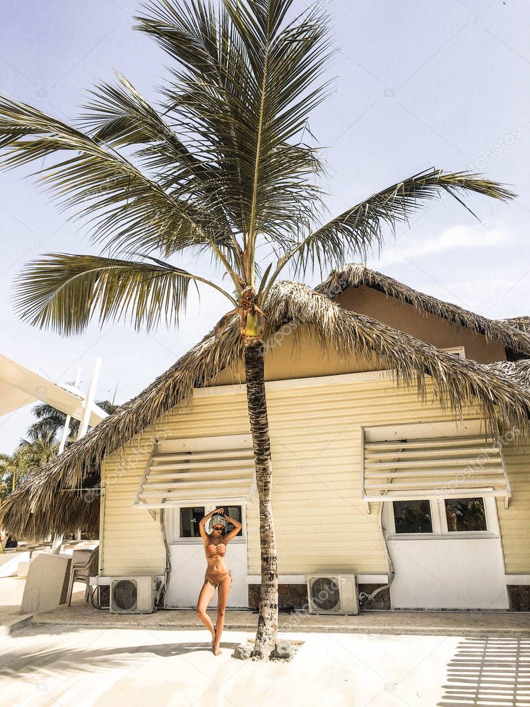 Beautiful woman standing next to big palm tree. Tropical paradise. Summer vacation.