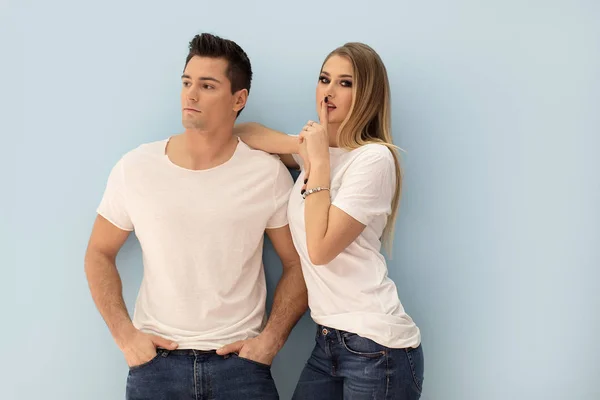 Beautiful Young Couple Posing Together Blue Pastel Background — Stock Photo, Image