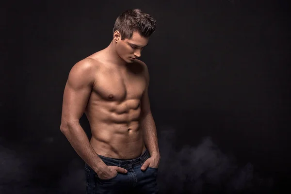 Handsome Shirtless Man Posing Black Studio Background — Stock Photo, Image