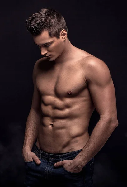 Handsome Shirtless Man Posing Black Studio Background — Stock Photo, Image