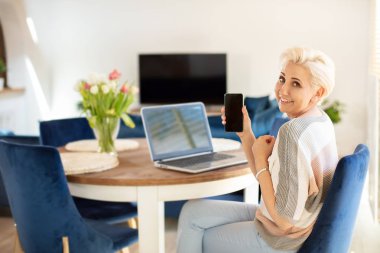 Ev ofisinde çalışan çekici yaş kadın.