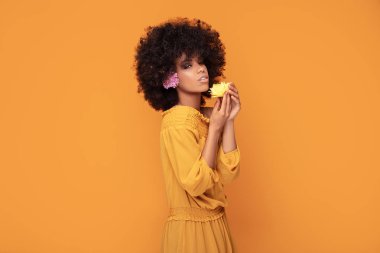 Taze çiçekler ile Güzellik afro kadın.