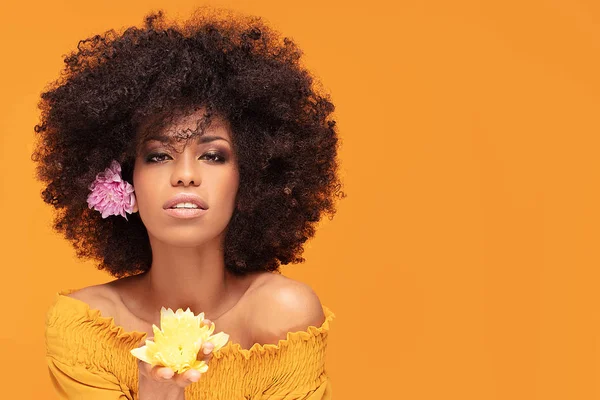 Beauty afro woman with fresh flowers. — Stock Photo, Image