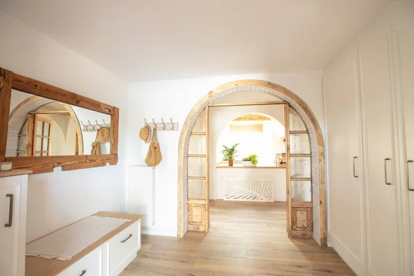 Big wooden handmade mirror in hallway. — Stock Photo, Image