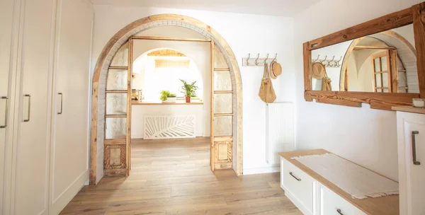 Big wooden handmade mirror in hallway. — Stock Image Big wooden handmade mirror in hallway. Stock Picture
