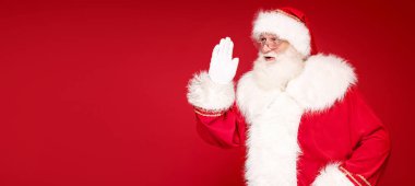 Real Santa Claus on red studio background. clipart