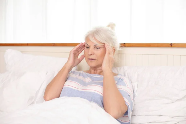 Seasonal Flu Sick Senior Woman Headache Bed Home — Stock Photo, Image
