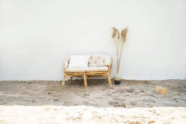 Boho Eco Stil Stranden Väsentligheter Sand Till Havs Romantisk Picknick — Stockfoto
