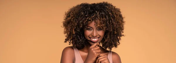 Retrato Beleza Mulher Com Afro Posando Estúdio — Fotografia de Stock