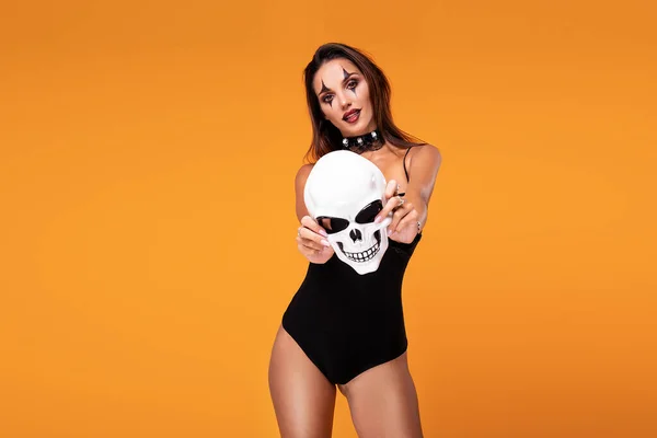Halloween Sexy Girl Wearing Costume Skull Mask — Stock Photo, Image