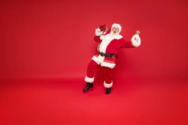 Glad Riktig Rolig Jultomten Håller Säck Väska Med God Jul — Stockfoto