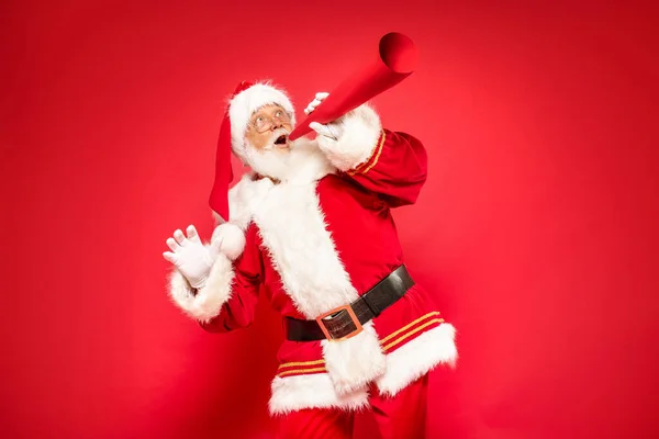 Natal Está Chegar Real Papai Noel Gritando Através Megafone Sobre — Fotografia de Stock