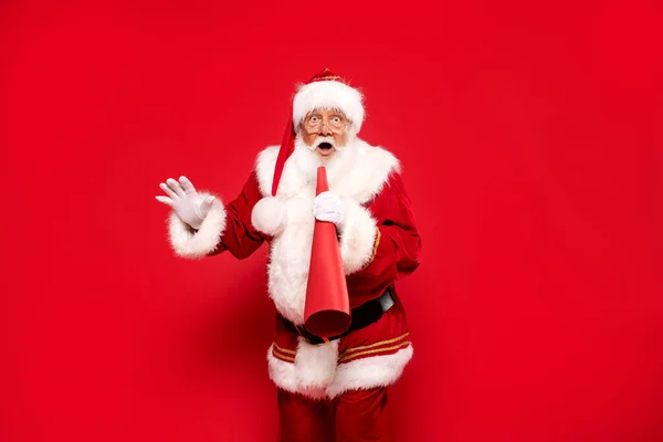 Acerca Navidad Real Santa Claus Gritando Través Megáfono Sobre Navidad —  Fotos de Stock