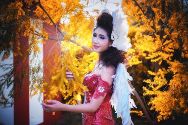 Bahçede poz veren beyaz kanatlı, kırmızı elbiseli güzel bir kadın.