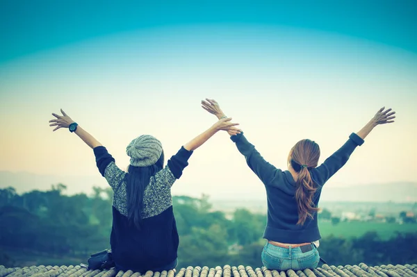 Two Asia Woman Posing View Point Mountrain Vintage Effect Stock Image