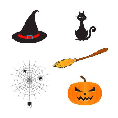 Bir çizimi Cadılar Bayramı karikatür kedi, şapka, kabak, örümcek.