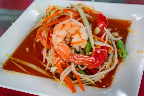 Ensalada Papaya Camarones Frescos Que Llamamos Somtum Tailandés — Foto de Stock