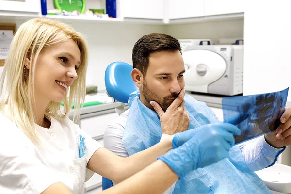 Kadın diş hekimi ve diş hekimi ofiste genç adam patinet.