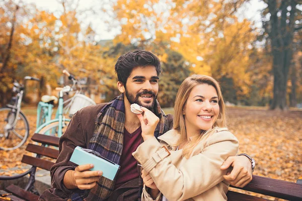 Jovem Casal Sorrindo Desfrutando Queda Parque — Fotografia de Stock