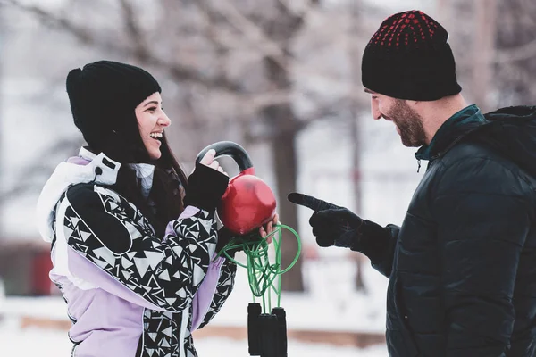 Sport Couple Exercising Outdoors Cold Winter Day Stock Photo