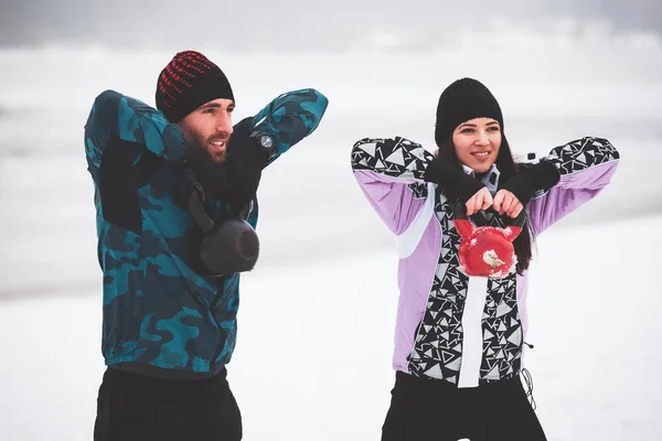 Sport Couple Exercising Outdoors Cold Winter Day Stock Image