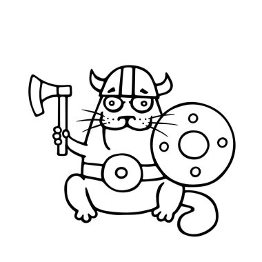 Kedi viking bir balta ve kalkan. Komik karikatür evde beslenen hayvan. Vektör çizim.