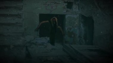 Terk edilmiş bir hastane merdivenlerde korkunç hayaletler. Korku tür animasyon.