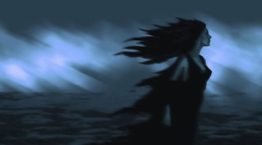 Rüzgarda geliştirme siyah saçlı güzel kız. Fantezi sanat mavi renklerde.