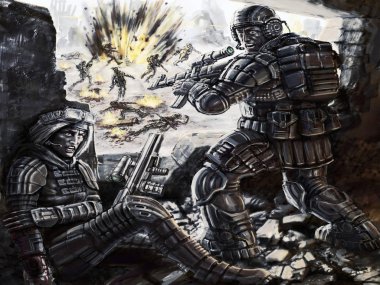 Asker yaralı keskin nişancı döndü. Askerler geleceğin bilim kurgu orijinal karakterleri.