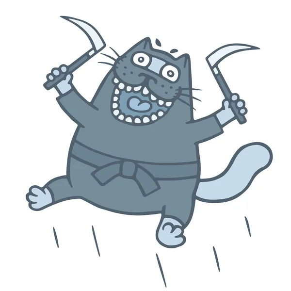 Cartoon Dikke Ninja Cat Gewapend Met Sikkels Grappige Warrior Karakter — Stockvector