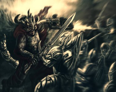 Kızgın savaşçı ışık blaster ve buzlu iblisleri karşı kılıç ile. Tür fantezi.