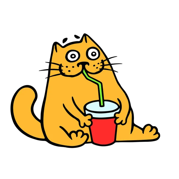 陽気な猫を飲むコーラとわらのバケツ ペットの面白い漫画のキャラクター ベクトル図 — ストックベクタ