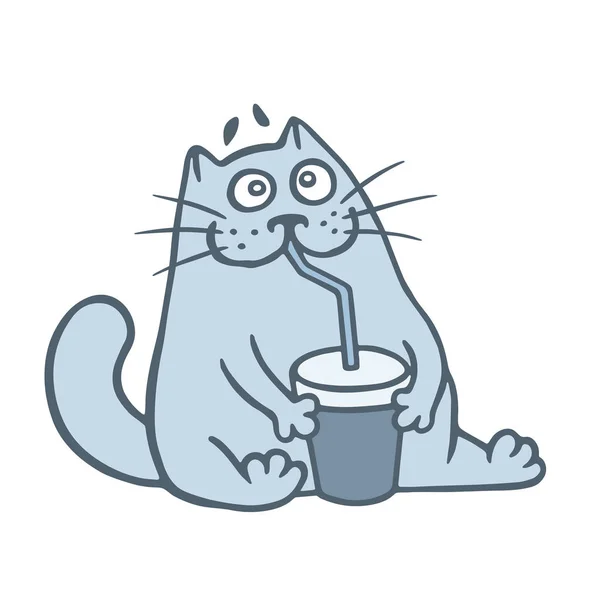 肥猫喝一杯 食物和饮料 有趣可爱的动物角色 矢量插图 — 图库矢量图片