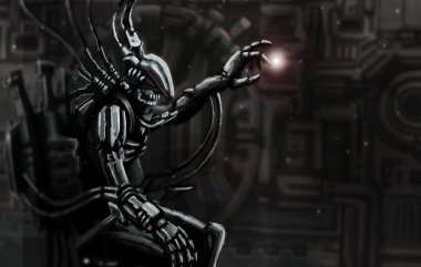 Uzaylı astronot kıyafeti demir tahtına oturuyor. Bilim kurgu orijinal karakter.