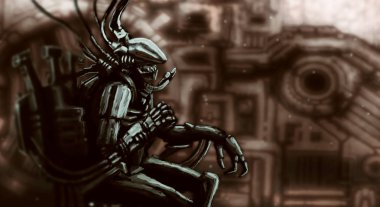 Uzaylı astronot kıyafeti demir koltuğunu oturuyor. Korkunç fantastik karakter. Bilim kurgu orijinal karakter