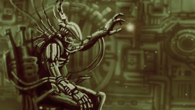 Uzaylı astronot yönetimi sandalyede. Bilim-kurgu karakter profil.