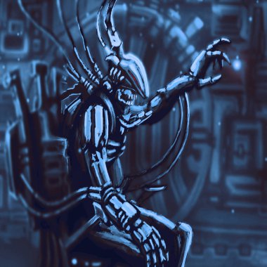 Uzaylı istilacı takım elbise kapak içinde oturur. Bilim kurgu orijinal karakter.