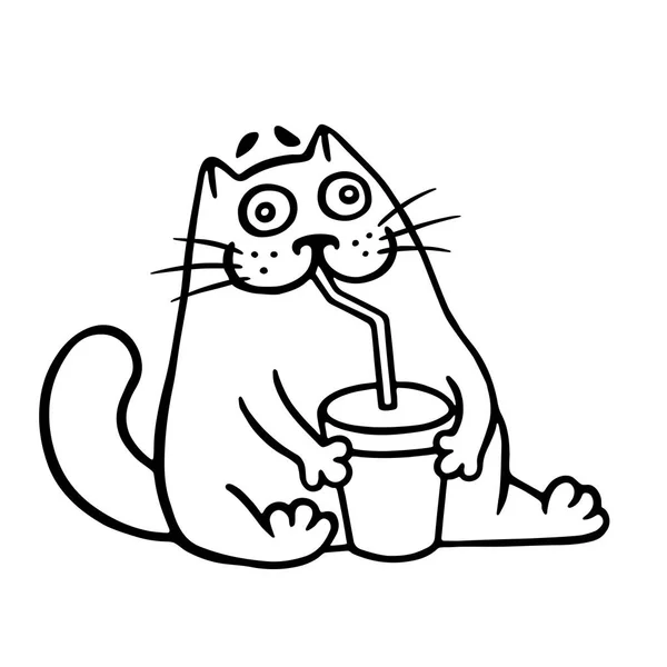 Funny Kočka Pije Cola Trubice Roztomilý Kreslený Pet Charakter Vektorové — Stockový vektor