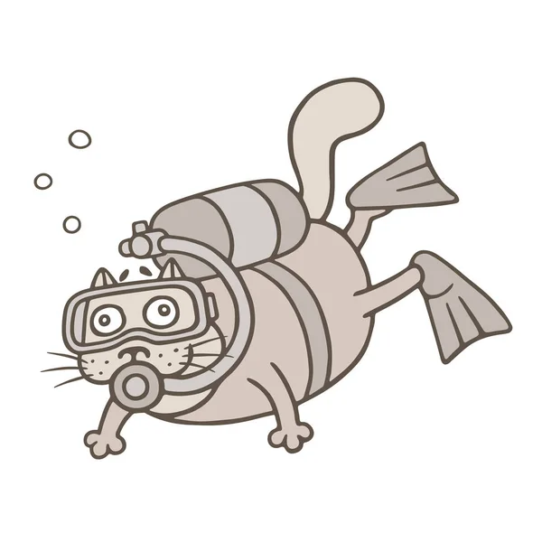 Engraçado Mergulhador Gato Aqualunger Personagem Animal Dos Desenhos Animados Ilustração — Vetor de Stock