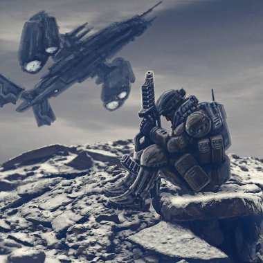 Soldier gelecek tahliye bekliyor. Uzay aracı yabancı gezegende iniş. Açılış uzay aracı.
