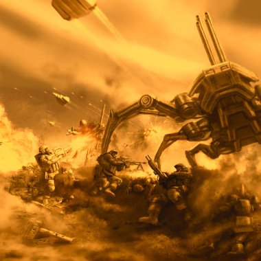 Heavy space marines fight the alien spider tank. Orange background. clipart