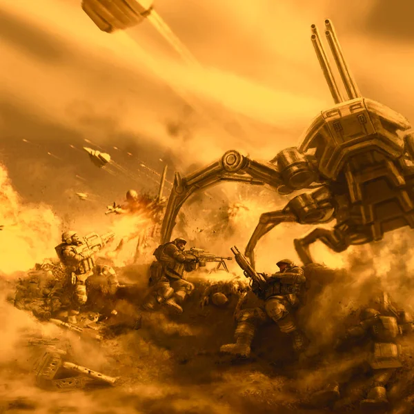 Ağır space Marine uzaylı örümcek tank mücadele. Turuncu arka plan.