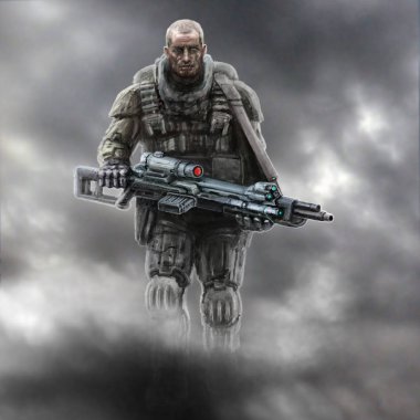 A lonely soldier walks into the smoke with a heavy gun. Science fiction genre. clipart