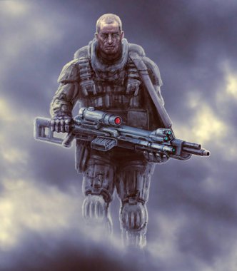 Uzay piyade sis ağır tüfekli girer. Bilim kurgu karakter asker.